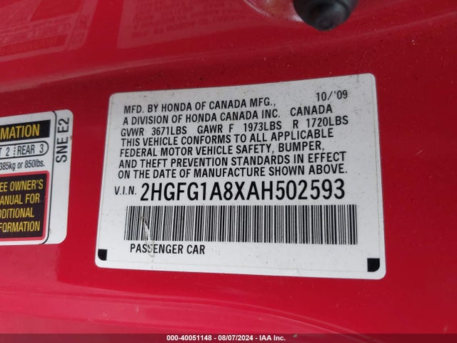 2010 HONDA CIVIC CPE 2HGFG1A8XAH502593 Photo 8