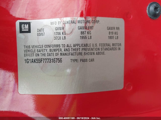 40051169 :رقم المزاد ، 1G1AK55F777316756 vin ، 2007 Chevrolet Cobalt Ls مزاد بيع