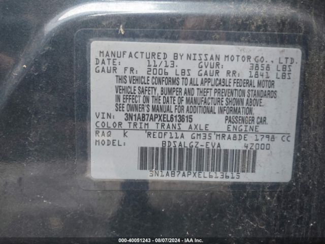 3N1AB7APXEL613615 Nissan SENTRA SL