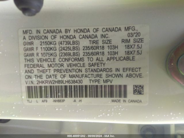 2HKRW2H89LH638430 Honda Cr-v Awd Ex-l