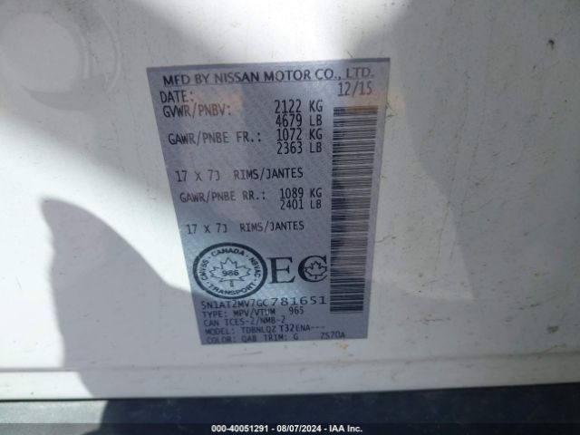 5N1AT2MV7GC781651 Nissan Rogue S/sl/sv