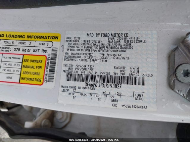 3FA6P0LU0JR193827 Ford Fusion Hybrid Se