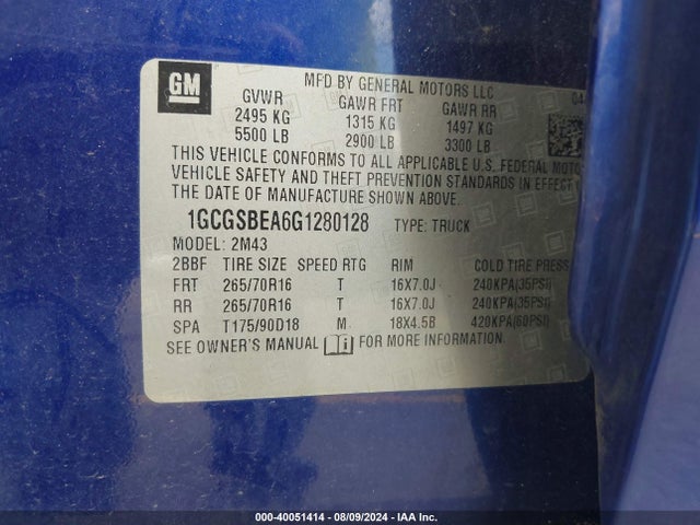 1GCGSBEA6G1280128 Chevrolet Colorado Wt