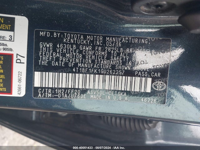 Toyota CAMRY SE 2016 4T1BF1FK1GU262257 Image 9