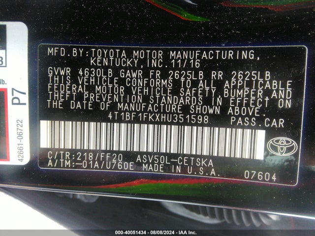 Toyota CAMRY SE 2017 4T1BF1FKXHU351598 Image 9
