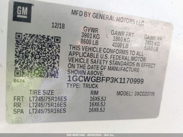 1GCWGBFP3K1170999 Chevrolet Express 2500 Work Van