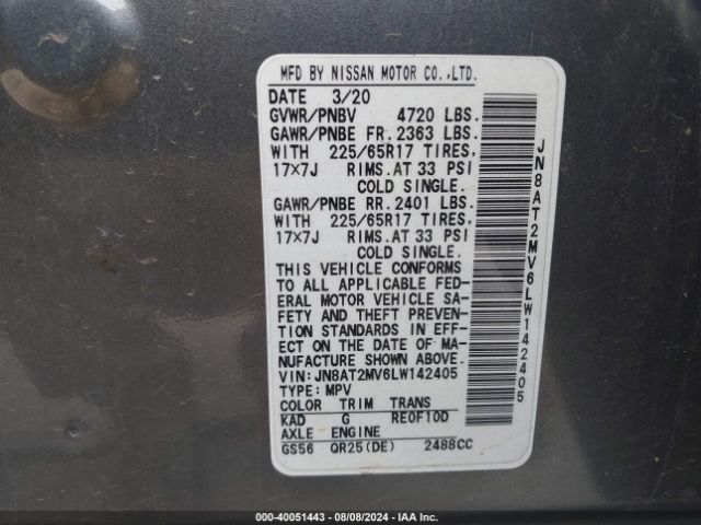 JN8AT2MV6LW142405 Nissan Rogue Sv Intelligent Awd