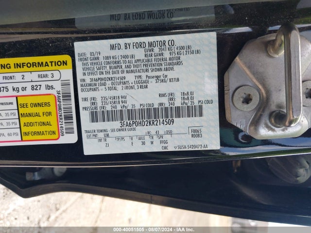Ford FUSION SE 2019 3FA6P0HD2KR214509 Image 9