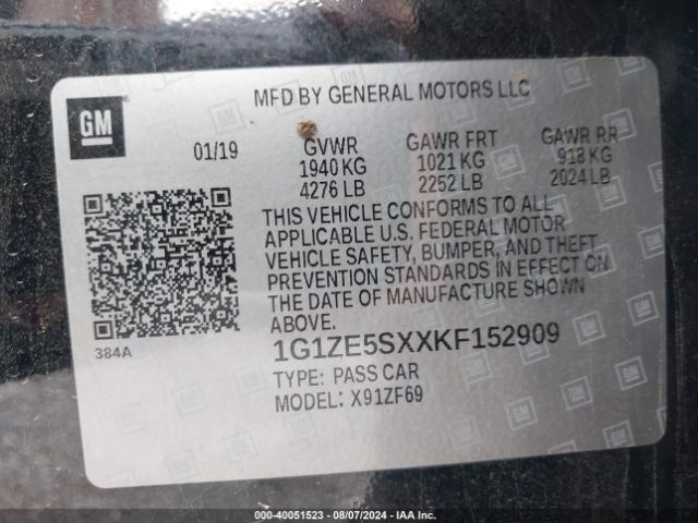 1G1ZE5SXXKF152909 Chevrolet Malibu Premier