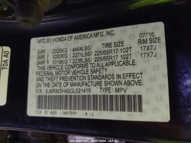 5J6RM3H49GL021419 Honda CR-V SE