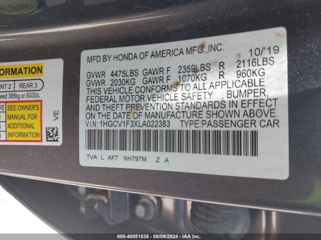 1HGCV1F3XLA022383 Honda Accord Sport