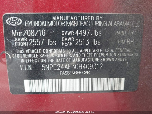 Hyundai SONATA SE 2016 5NPE24AF3GH409312 Image 9