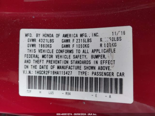 1HGCR2F19HA115427 Honda Accord Sport Se