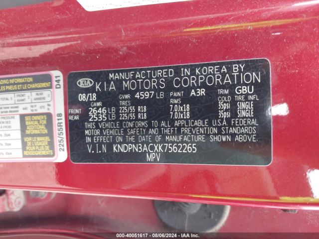 KNDPN3ACXK7562265 KIA Sportage Ex