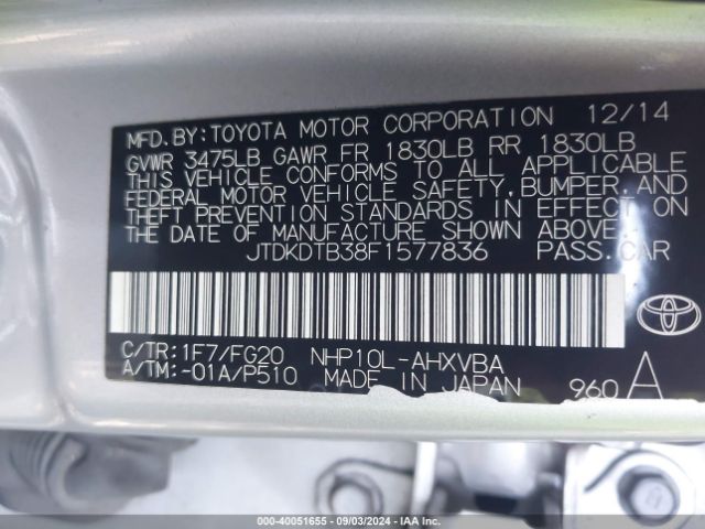 JTDKDTB38F1577836 Toyota Prius C Two