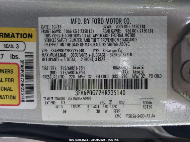 3FA6P0G72HR235140 Ford FUSION S