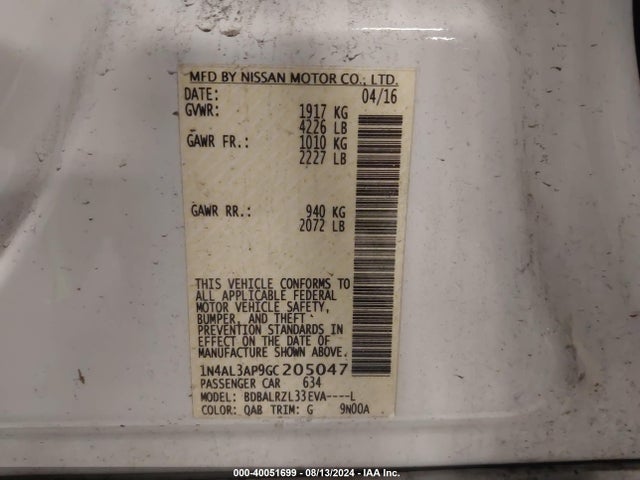 Nissan Altima 2.5 Sl 2016 1N4AL3AP9GC205047 Image 9