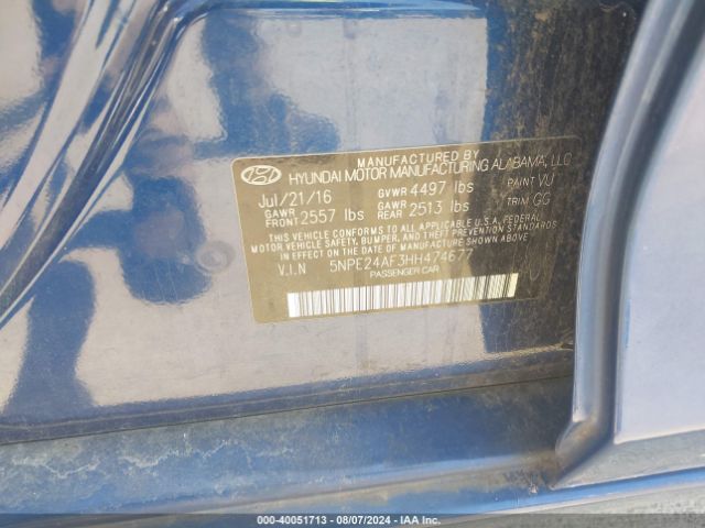 5NPE24AF3HH474677 Hyundai SONATA SE