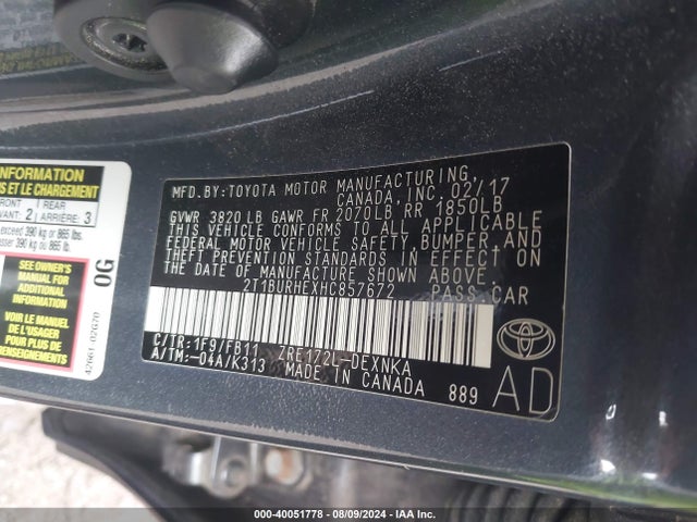 Toyota COROLLA LE 2017 2T1BURHEXHC857672 Image 9