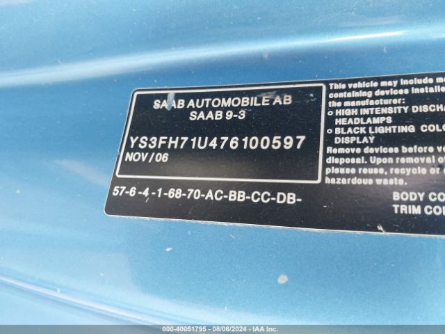 2007 SAAB 9-3 YS3FH71U476100597 Photo 8
