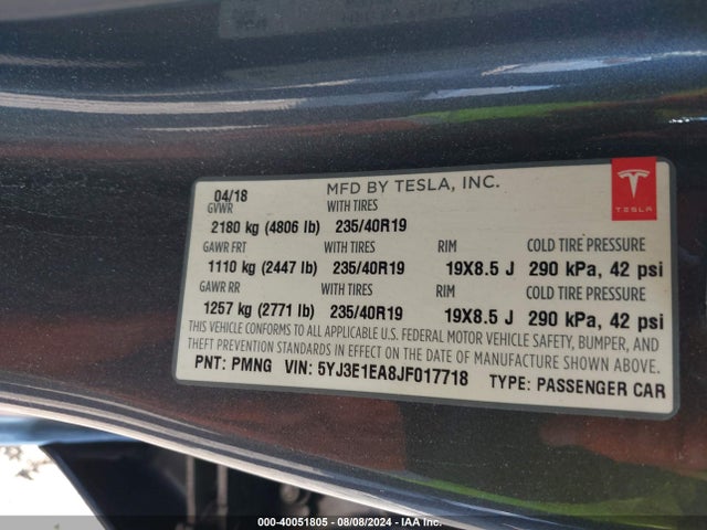 Tesla Model 3 Long Range/mid Range 2018 5YJ3E1EA8JF017718 Image 9