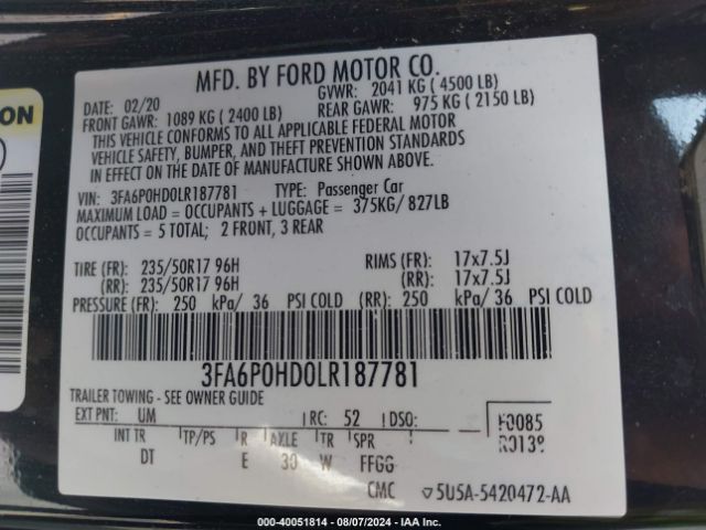 3FA6P0HD0LR187781 Ford FUSION SE