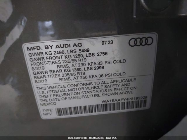 WA1EAAFY4P2192229 Audi Q5 Premium Plus 45 Tfsi S Line Quattro