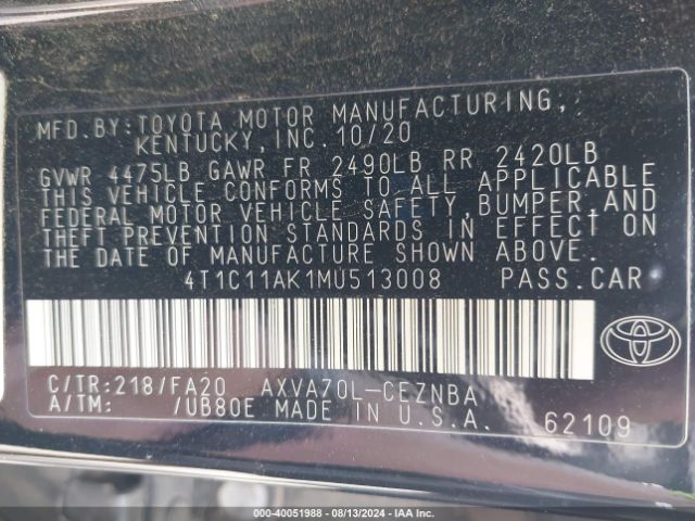 4T1C11AK1MU513008 Toyota CAMRY LE