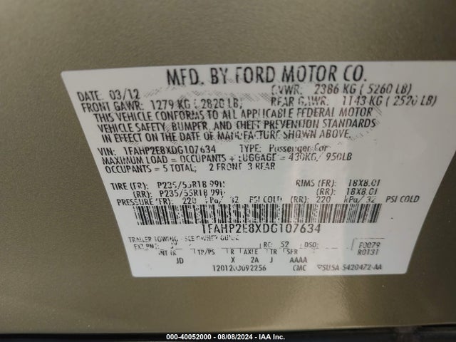 Продажа на аукционе авто 2013 Ford Taurus Sel, vin: 1FAHP2E8XDG107634, номер лота: 40052000