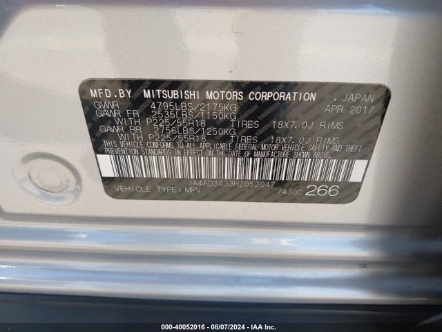 JA4AD3A33HZ052047 Mitsubishi Outlander Se/sel