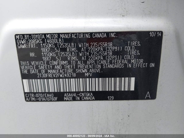 Toyota Rav4 Limited 2015 2T3DFREV2FW249218 Image 9