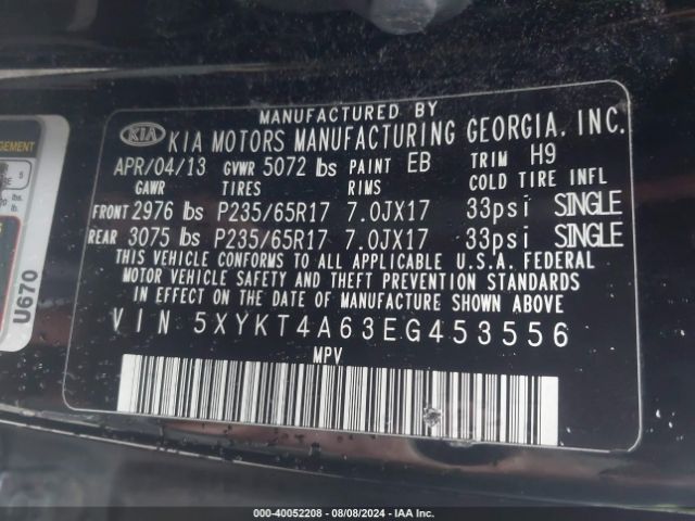 5XYKT4A63EG453556 KIA SORENTO LX