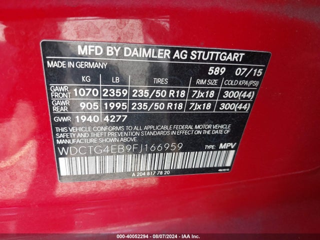 WDCTG4EB9FJ166959 Mercedes-Benz GLA 250
