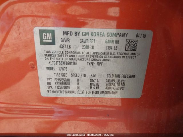 KL7CJTSBXFB201263 Chevrolet TRAX LTZ