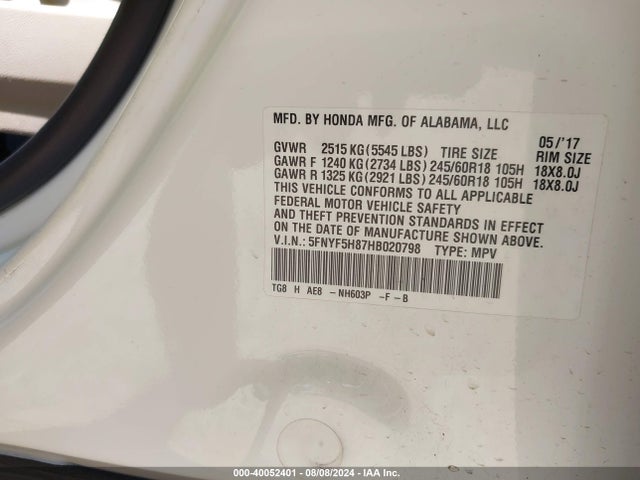 Honda Pilot Ex-l 2017 5FNYF5H87HB020798 Image 9