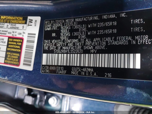 Toyota Highlander Xle 2020 5TDGZRBH1LS522620 Image 9