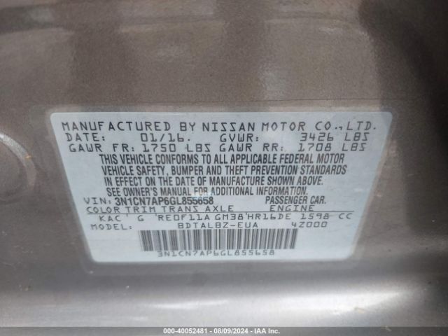 3N1CN7AP6GL855658 Nissan Versa 1.6 S/1.6 S+/1.6 Sl/1.6 Sv