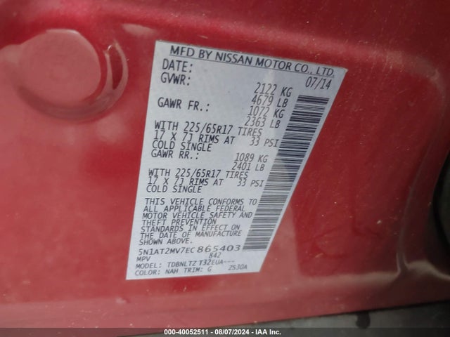 Nissan ROGUE SV 2014 5N1AT2MV7EC865403 Image 9