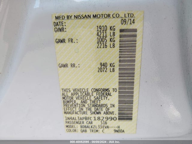 Nissan Altima 2.5 Sv 2015 1N4AL3AP8FC182990 Image 9