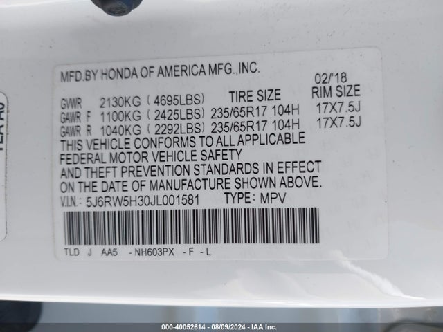 Honda CR-V LX 2018 5J6RW5H30JL001581 Image 9