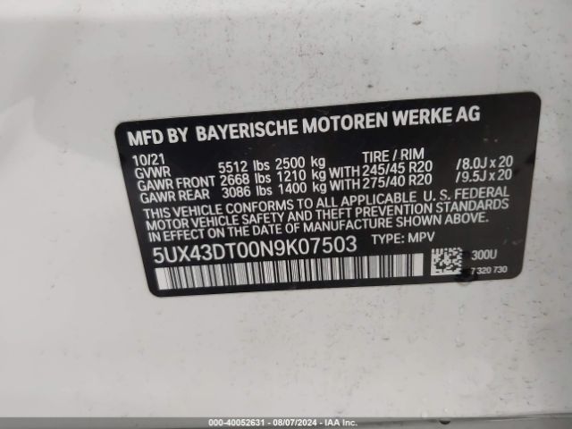 5UX43DT00N9K07503 BMW X4 M40i