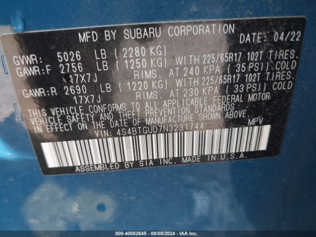 4S4BTGUD7N3231744 Subaru Outback Wilderness