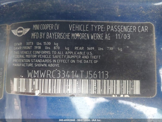 2004 MINI COOPER WMWRC33414TJ56113 Photo 8