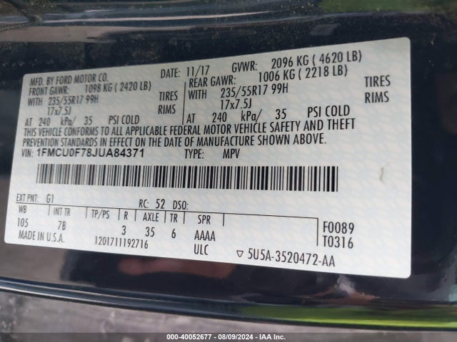 Ford ESCAPE S 2018 1FMCU0F78JUA84371 Image 9