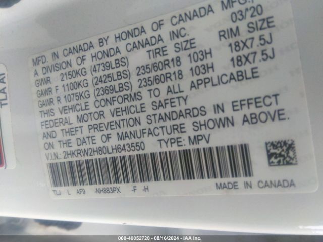 2HKRW2H80LH643550 Honda Cr-v Awd Ex-l