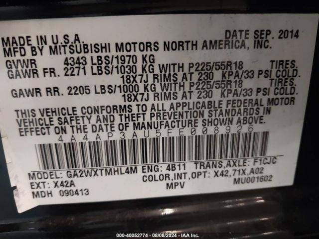 4A4AP3AU5FE008926 Mitsubishi Outlander Sport Es