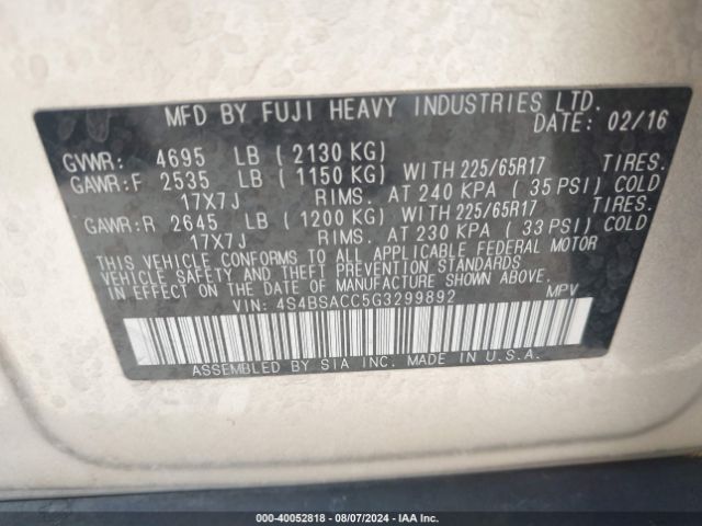 4S4BSACC5G3299892 Subaru Outback 2.5i Premium