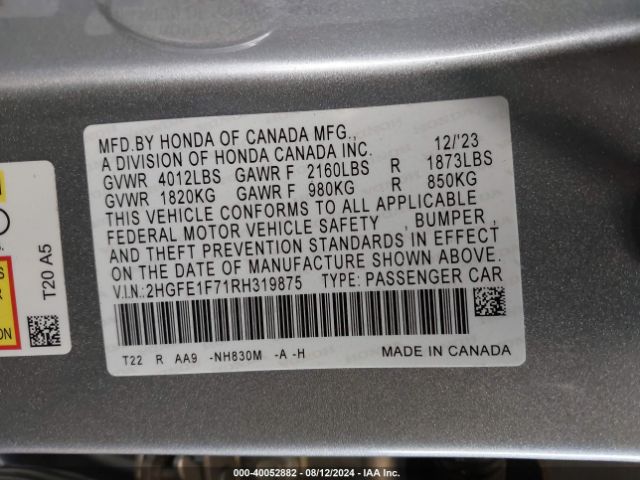 2HGFE1F71RH319875 Honda CIVIC EX