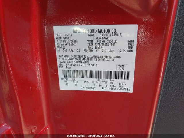 Ford F-150 Xlt 2014 1FTFX1EF2EFC15618 Image 9