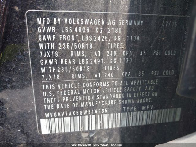 WVGAV7AX5GW516965 Volkswagen TIGUAN SE